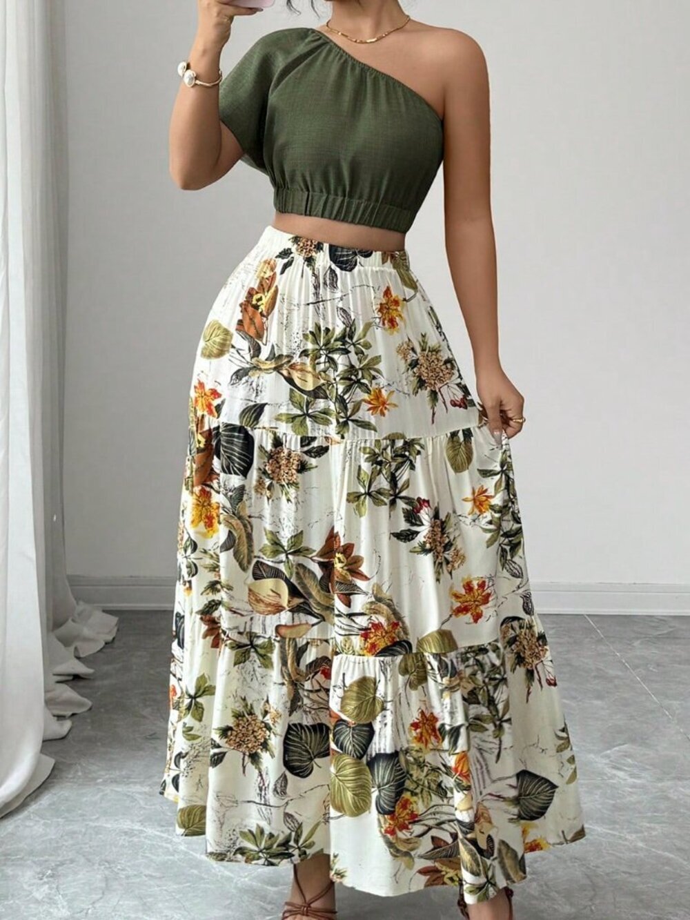 Multicolor Boho Women's Crop Blouse And Ruffle Hem Skirt Two Piece Set